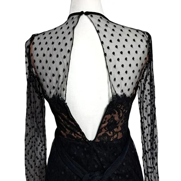 Vintage 70s Jack Bryan Black Gothic Polka Dot Lace Ruffled Midi Dress Sz 4 Emo M - Picture 9 of 12
